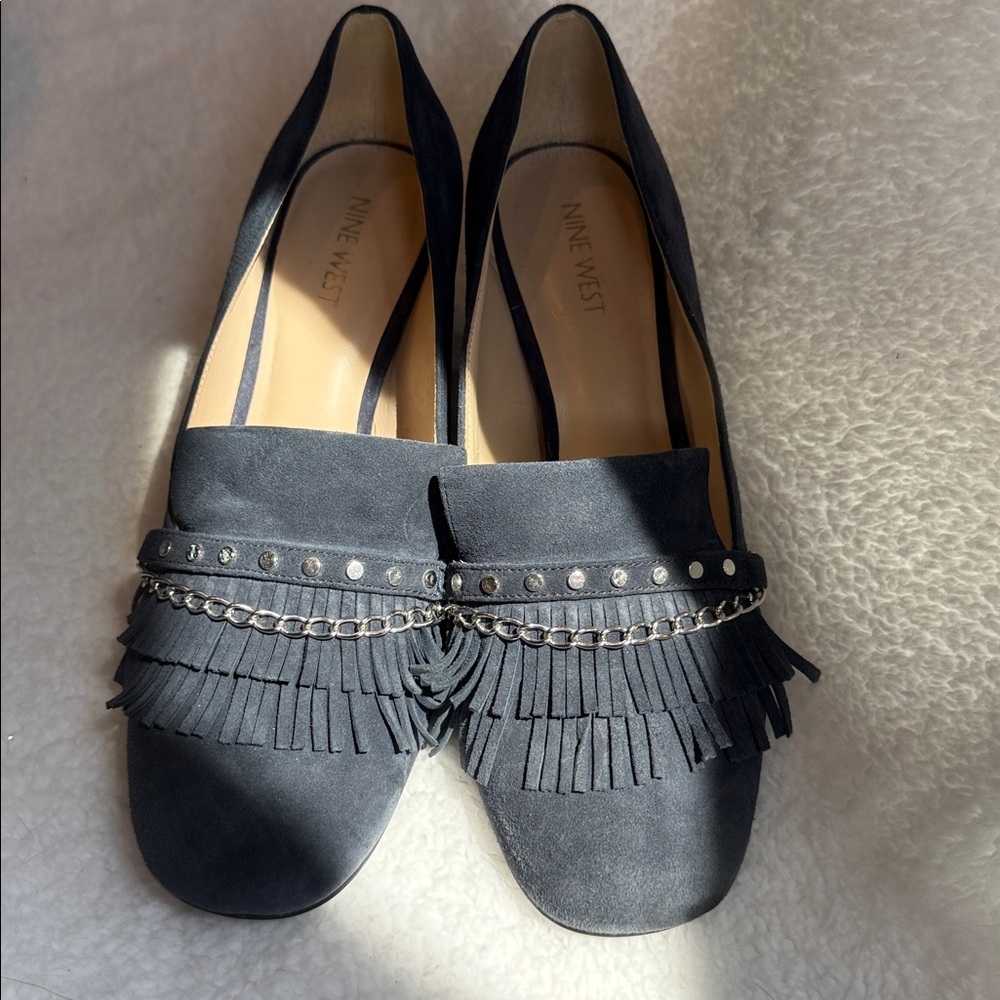 Nine West Navy Blue Suede Fringe Pumps with Chain & Stud Detail